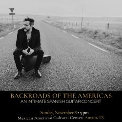 Black-and-white promotional image of Spanish guitarist Diego García seated on his guitar case in the middle of an empty rural road.