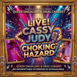 A promotional poster for "Queer Singalong & Drag Cabaret," framed by an ornate gold border against a background illuminated by vibrant stage lights, sparkles, and lightning bolts.
