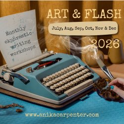 Blue typewriter. A woman hand holds a smoking paintbrush as if it were a cigarette. Her nails are painted blue.