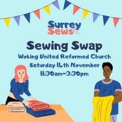 Social Sewing: Woking United Reformed Church, Woking, Saturday 8th November 1.30pm to 4.30pm. Surrey Sews. Bright blue background with cartoon people sewing.