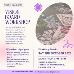 poster with purple writing describing the vision boarding workshop. Includes photo of postcards, details of venue and time and some purple images of lines and spiky image