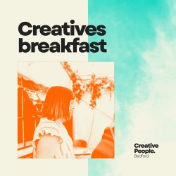 High saturation image of Amy from Creatives Breakfast with a turquoise and cream background