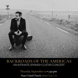 Black-and-white promotional image of Spanish guitarist Diego García seated on his guitar case in the middle of an empty rural road.
