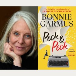 A woman with straight grey hair resting her head on her hand beside a colourful book cover