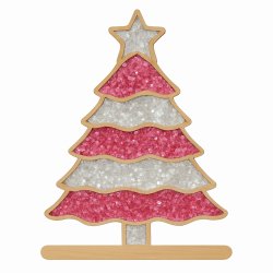 Wood frame in the shape of a Christmas tree filled with vibrantly dyed crushed glass