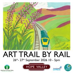 vibrant painting of a train going through the hope valley