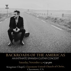 Black-and-white promotional image of Spanish guitarist Diego García seated on his guitar case in the middle of an empty rural road.