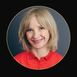 Jane Horrocks in red shirt