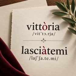 Italian words vittòria and lasciàtemi with tonic stress and IPA notation on a cream study card for an Italian opera text workshop.