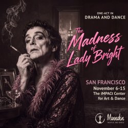 A man is dressed in drag, smoking a cigarette in a holder.  Advertising for a performance.
