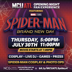 Promotional image for MCU ATL's Opening Night Fan Experience featuring Spiderman: Brand New Day