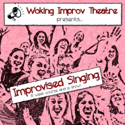 A woodcut image, in deep pink, of a bunch of delighted women celebrate the freedom that improv gives.