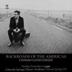Black-and-white promotional image of Spanish guitarist Diego García seated on his guitar case in the middle of an empty rural road.