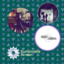 A graphic showing two pictures of film sets, and the Reset scenery logo and sustainable screen logo against a green triangle-patterned background.