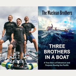 Three men in a rowing boat with a book cover to the right