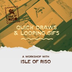 A wolf logo for the Isle of Riso workshops on a background of quick drawings in greens and yellows.