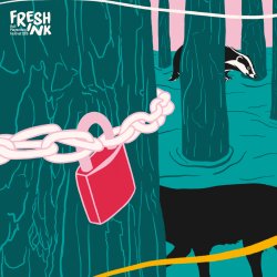 A woodland scene of dense trees. In the foreground, what looks like a fox sneaks behind a tree wrapped in a chain and padlock. In the background is a badger.