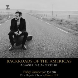 Black-and-white promotional image of Spanish guitarist Diego García seated on his guitar case in the middle of an empty rural road.