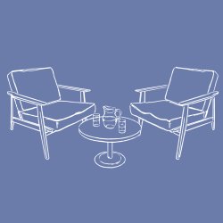 White pencil illustration of two empty mid-century style armchairs arranged around a coffee table, with two glasses of water and a jug on it.