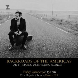 Black-and-white promotional image of Spanish guitarist Diego García seated on his guitar case in the middle of an empty rural road.