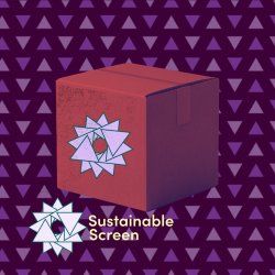 A cardboard box against a purple triangle background with the Sustainable Screen logo in the lower left hand corner