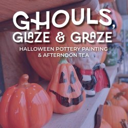 Ghouls, glaze and graze with ceramic pumpkins in the background