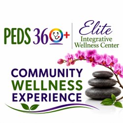 Community Wellness Experience banner featuring the PEDS 360+ logo and the Elite Integrative Wellness Center logo side by side. The design includes purple orchids, stacked spa stones, green & purple