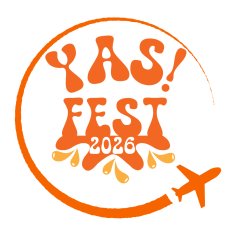 Text showing "YAS! FEST 2026", with a splash of orange colour, encircled by a plane.