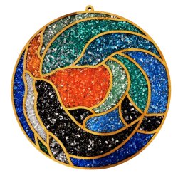 Round wood frame with waves and a dolphin filled with vibrantly dyed crushed glass
