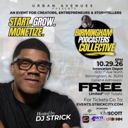 Podcast Summit Birmingham 2026 flyer featuring David Shands, Donni Wiggins, and DJ Strick, happening March 25, 2026 at Innovation Depot in Birmingham, Alabama with free general admission