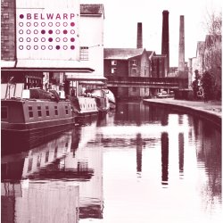 BELWARP dot-pattern logo overlaid on a photo of the Leeds/Liverpool canal at Shipley, with industrial chimneys reflecting in the canal waters