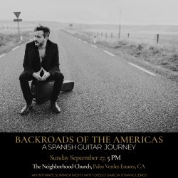 Black-and-white promotional image of Spanish guitarist Diego García seated on his guitar case in the middle of an empty rural road.