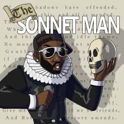 Poster showing an image of a hip hop performer in a baseball cap and Elizabethan ruffled collar holding a mic and talking to a human skull