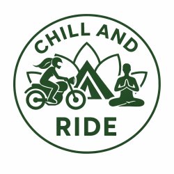 A woman riding a motorcycle and another woman sat in lotus pose with the backdrop of a tent and lotus flower
