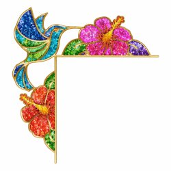 Wood frame in the shape of a hummingbird with flowers filled with different colors of green and blue vibrantly dyed crushed glass