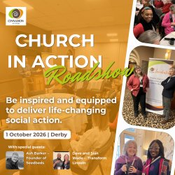 Church in Action Roadshow advert with two orange backgrround of a tabels with a speaker in front and images of two people (male and female ) standing by a Cinnamon Network Banner