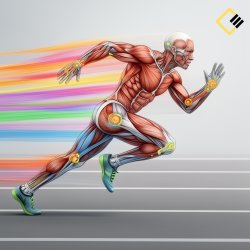 Illustration of a muscular humanoid figure in motion, displaying exposed anatomy. Colourful trails follow, symbolizing speed on a grey track.