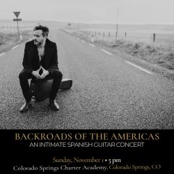 Black-and-white promotional image of Spanish guitarist Diego García seated on his guitar case in the middle of an empty rural road.