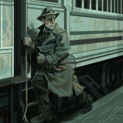 A troubled man in a trench coat boarding a train cautiously while tightly clutching a leather bag.