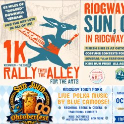 Promotional graphic for the Ridgway 1K Rally Thru the Alley for the Arts, featuring a stylized blue rabbit running with a paintbrush and musical notes. The family-friendly event takes place Sunday, Oc
