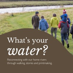A background photograph of people walking over grass towards a river. White text reads 'What's your home water?'