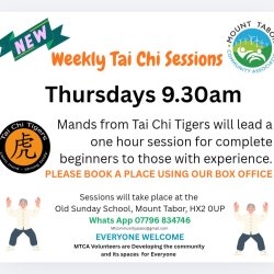 Yoga poses and text explaining the MTCA Yoga Classes on Tuesday 7.30pm