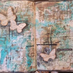 Art journal page with stenciled background