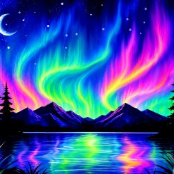 blacklight, painting, lake, moon, glow
