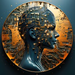 Woman's face with digital circuit lines around her face on a gold background