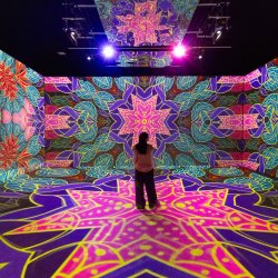 Person steht in einem immersiven Raum mit farbenfrohen, mandalaartigen Projektionen auf Wänden und Boden in Pink, Lila, Blau und Grün.