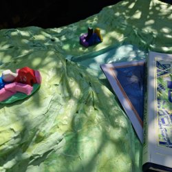A photograph of a green textured paint sheet laid down with a colourful abstract plasticine sculpture on top and two books