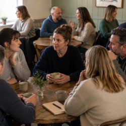Men and women sat talking and listening in casual environment
