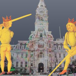 stylized depiction of two swordfighters in front of stylized image of Philly City Hall