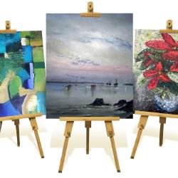 The image shows three easels with a different painting on each. One is abstract blues and yellows, one is a seascape, and one is a vase of red flowers